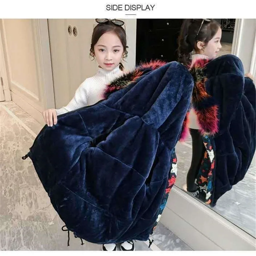

Winter Girls Clothes 10 12 14 years Warm Down Jackets Fashion Print star big Fur Hoodie Teen Girls Outerwear