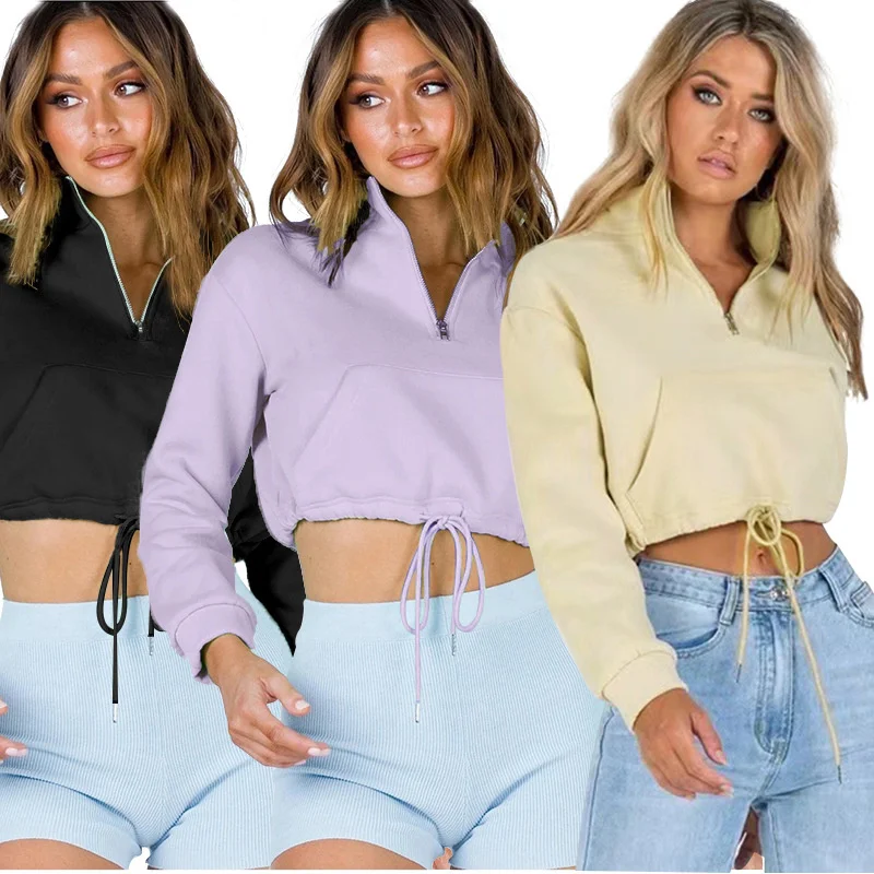 

NSHYPOI новый модный однотонный воротник-стойка на молнии вытягивающий шнур укороченный короткий Женский Повседневный пуловер с длинными рук...