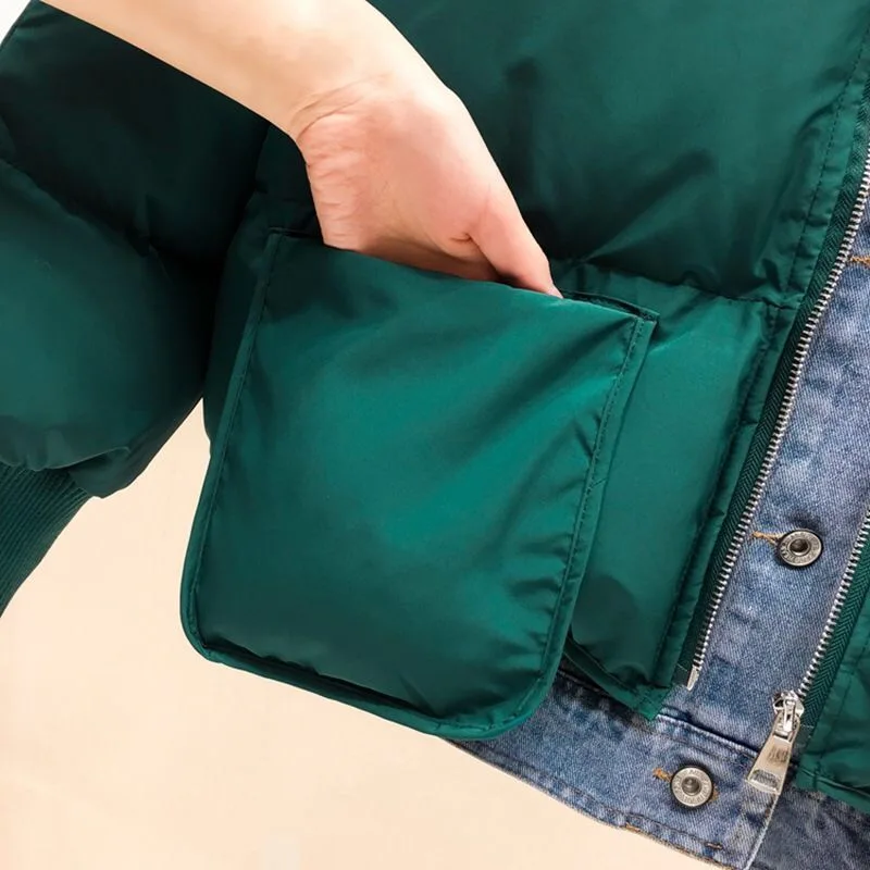 

Korean Winter Fall Casual Womens Female Green Beige Black Denim Patchwork Padded Thick Coat , Woman Fashion Parka Coats