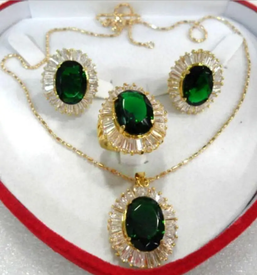 

Free Shipping fine 10*14mm green zircon earring pendant ring #7,8,9