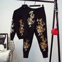 fashion sequins flower embroidery black knit 2pc sets loose women o neck pullover knitted pencil pants casual tracksuit outfits