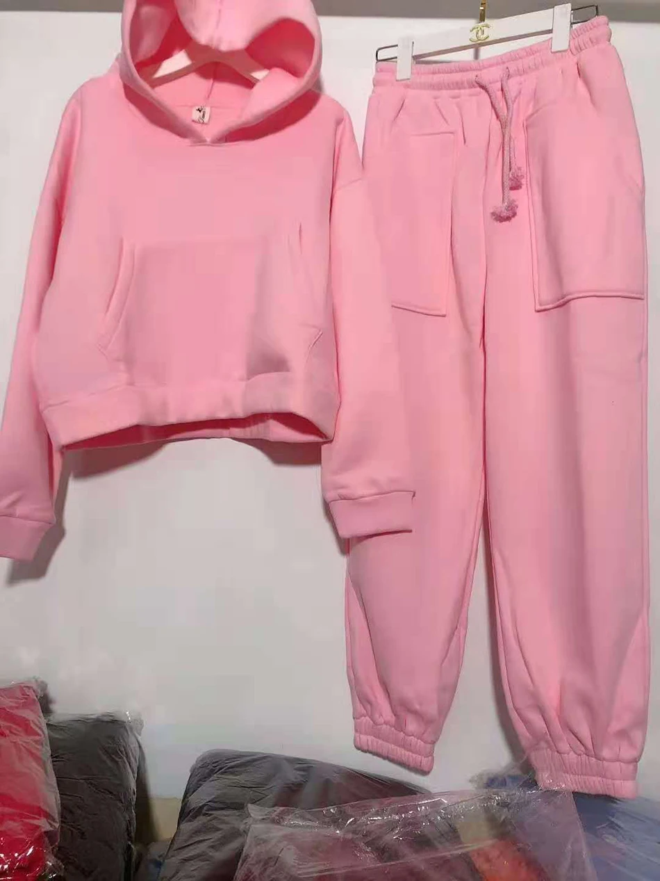 

Winter Women Fashion Pocket Sportswear 2-Piece Set Hooded Sweatshirt Sweatshirt and Lace-Up Pants Casual Set 2020 New Clothing