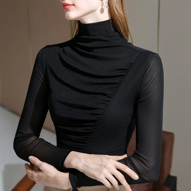 

Ladies New Cotton Turtleneck Solid Color T-shirt Long Sleeve Base Top 2021 gray