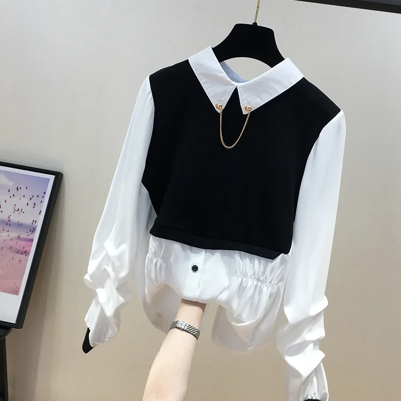 

Knitted stitched long-sleeved chiffon shirt women's spring dress 2021 new loose design niche shirt Ruffles Solid Casual