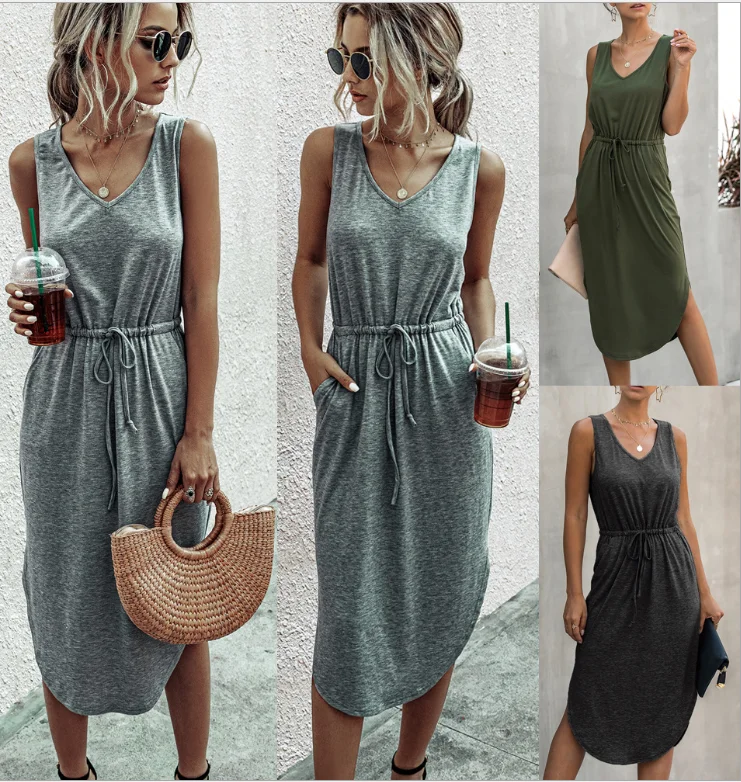 

Summer Women Dress Solid Color High Waist V-Neck Dress Casual Loose Sleeveless Womn Dress Long Backless Black & Green Dress