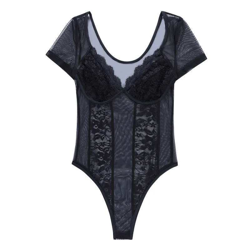 

Sexy Lace Black V Neck Ruffle Night Club Women Bodysuit Short Sleeve Patchwork Vintage Elegant Female Bodysuit Fashion 2021