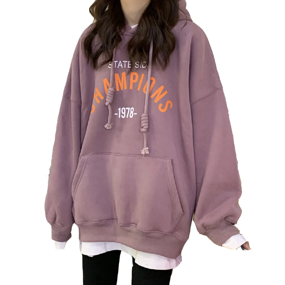 

Nice Pop Ladies Fake Two-Pieces Hoodies Sweatshirts Letter Printed Loose Long Sleeve Pockets Streerwear Woman Pop Sweatshirt