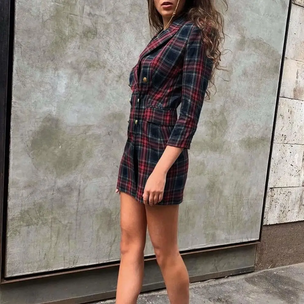 Женское мини-платье модное двубортное платье в клетку с длинным рукавом