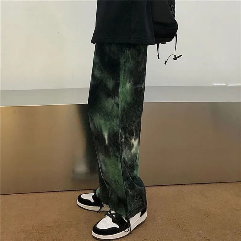 

Hip Hop Tie Dye Pants Men's Fashion Casual Retro Corduroy Pants Men Streetwear Korean Loose Straight Wide Legs Pants Mens M-2XL