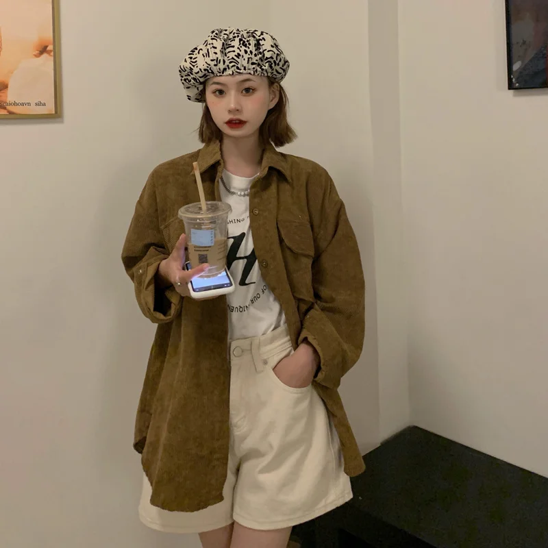 Женская Вельветовая рубашка в стиле ретро свободная средней длины | одежда