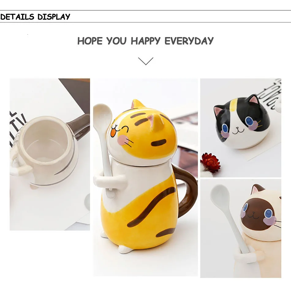 Cute Cat Mug With Lid Handmade Printed Coffee Cups And Mugs With Cat Lid Spoon Ceramic Creative Cartoon Cat Coffee Mug Cup