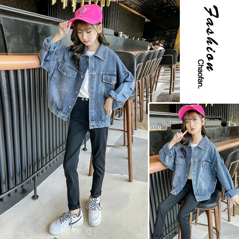 

Kids Denim Jackets For Girls Blue Coats Spring Autumn Fashion Child Kids Solid Color Outwear Turn-down Collar Jackets 6 8 10 12Y