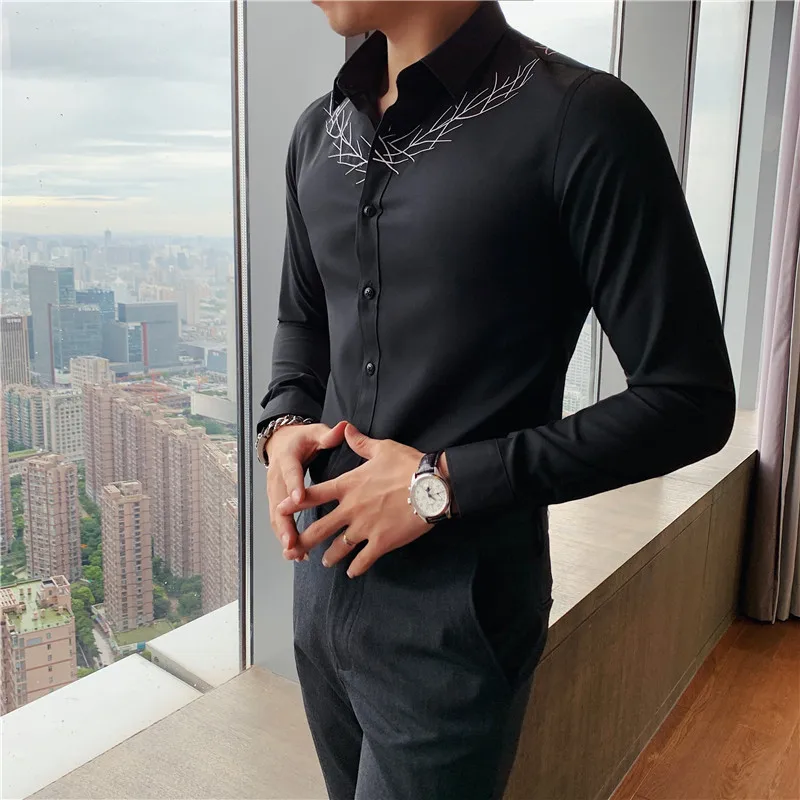 

Men's Embroidery Shirts 2021 Spring Slim Fit Business Formal Long Sleeve Shirt Casual Social Male Clothing Tops Chemise Homme