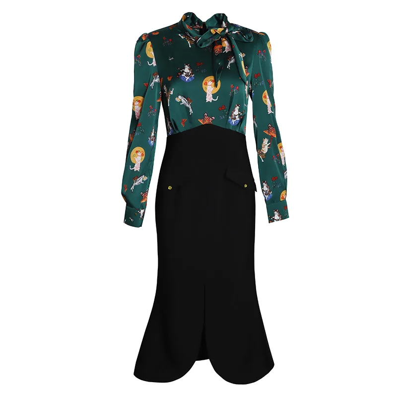 

One Piece 2020 Spring Summer Style Women Bow Collar Cute Animal Prints Patchwork Long Sleeve Mid-Calf Sexy Club Dress