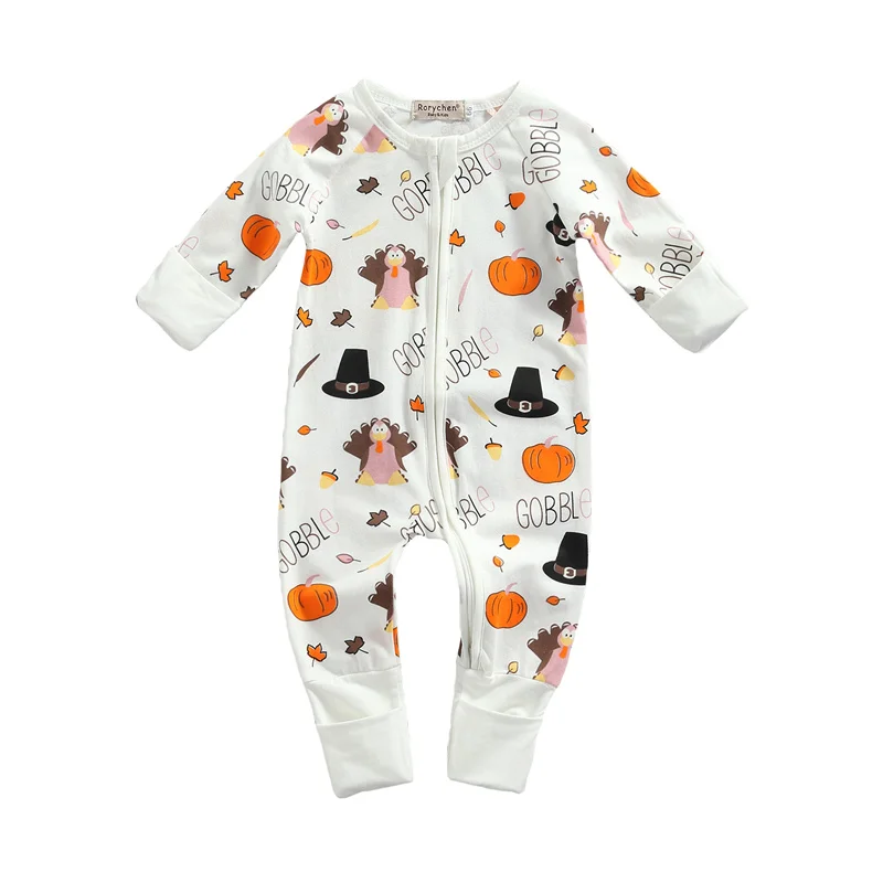 

Infant Newborn Baby Halloween Jumpsuit, Pumpkin & Letter Print Long Sleeve Round Neck Zipper Romper for Spring Autumn