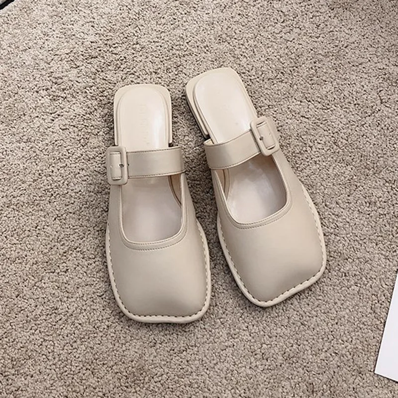 

Mules For Women 2021 Loafers Low Cover Toe Flat Shoes Female Ladies' Slippers Luxury Slides Square Designer Soft Rome Retro Basi
