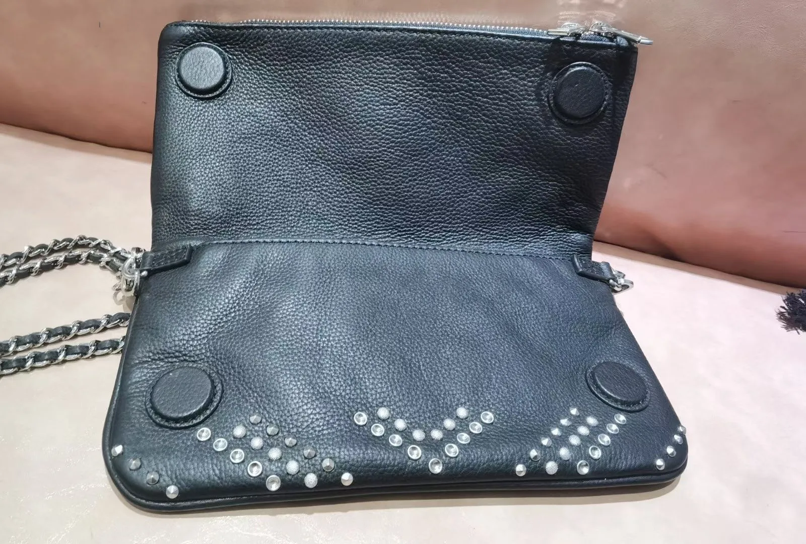 

Black Wing and Rivet Genuine Leather Messenger Bag with Chains