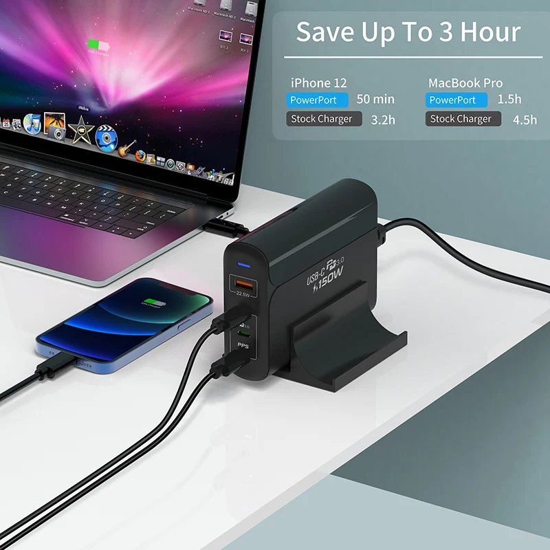 Зарядное устройство TQUQ 150 Вт адаптер питания GaN 4 порта PD 100 PPS 65 45 QC4.0 для MacBook iPhone12