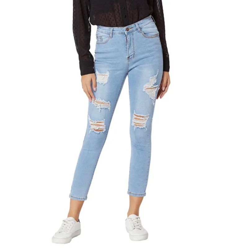 

Denimcolab Retro High Elastic Jeans Pants For Women Vintage Small Foot Pencil Pants Ladies With Holes Casual Ripped Jeans 2021