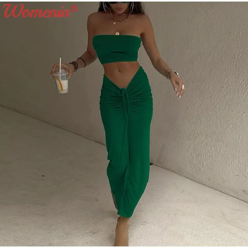 

Соблазнительный комплект из двух предметов, Женская юбка, Новинка осени 2021, модные укороченные топы, Обтягивающие юбки на шнуровке с рюшами,...