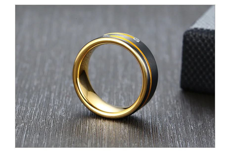Vnox Free Custom Name Ring for Men Black Tungsten Carbide Wedding Band with Gold Tone Lines AAA CZ Stones Gent Anel
