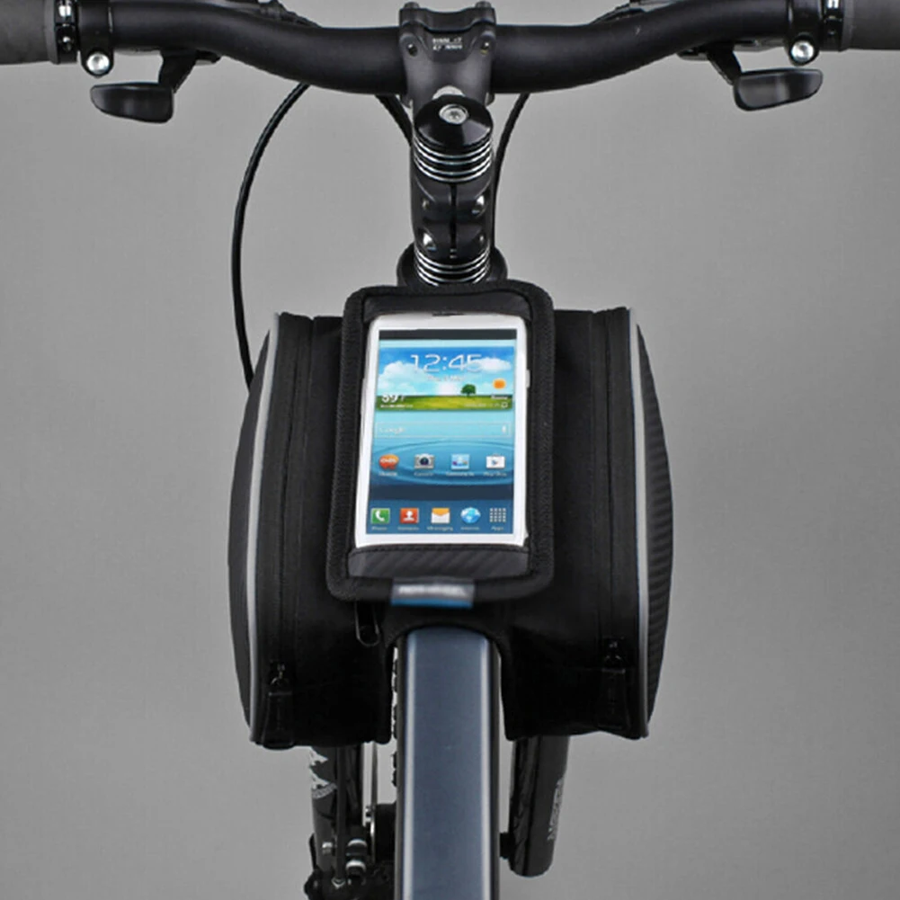 

Phone Holder Front Frame Outdoor Touch Screen Cycling Double Pouch Tube Bag Carrier Easy Install Storage Bicycle Pannier Top