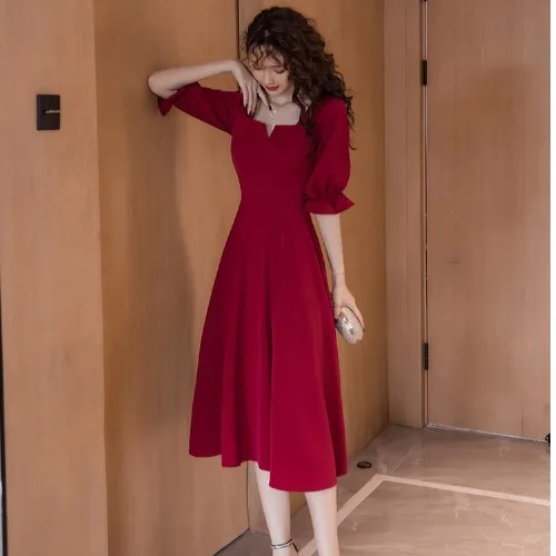 

New Pleated Solid Color Women Dress 2020 Summer Autumn Half Sleeves A Line Slim Elegant Vintage Party Dresses