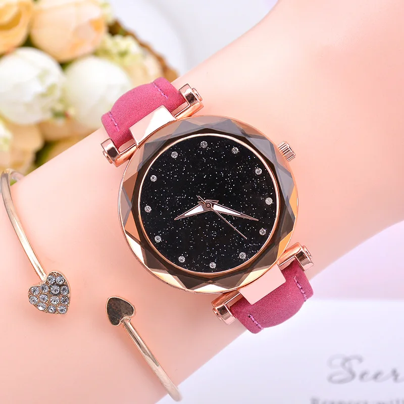 Rose Red no bracelet Модные женские часы Звездное небо, лидер продаж, кожаный браслет, кварцевые наручные часы, повседневные женские часы, Relogio Feminino - Цвет: Rose Red no bracelet