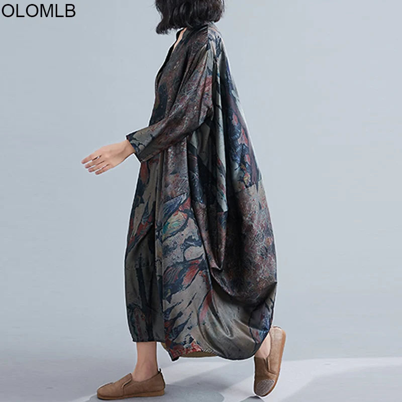 Осень 2019 женские свободные платья большого размера с длинным рукавом корейское