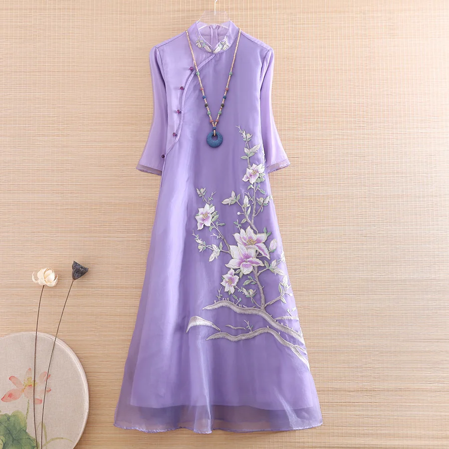 Женское платье-Ципао из органзы элегантное ТРАПЕЦИЕВИДНОЕ ПЛАТЬЕ в стиле ретро с