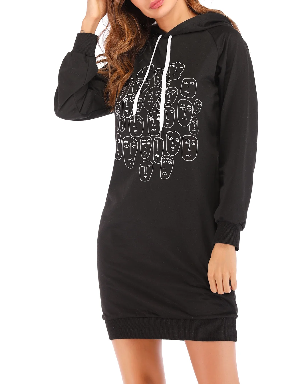 Женское хлопковое платье с капюшоном черное свитшот и сиамским рисунком Осень