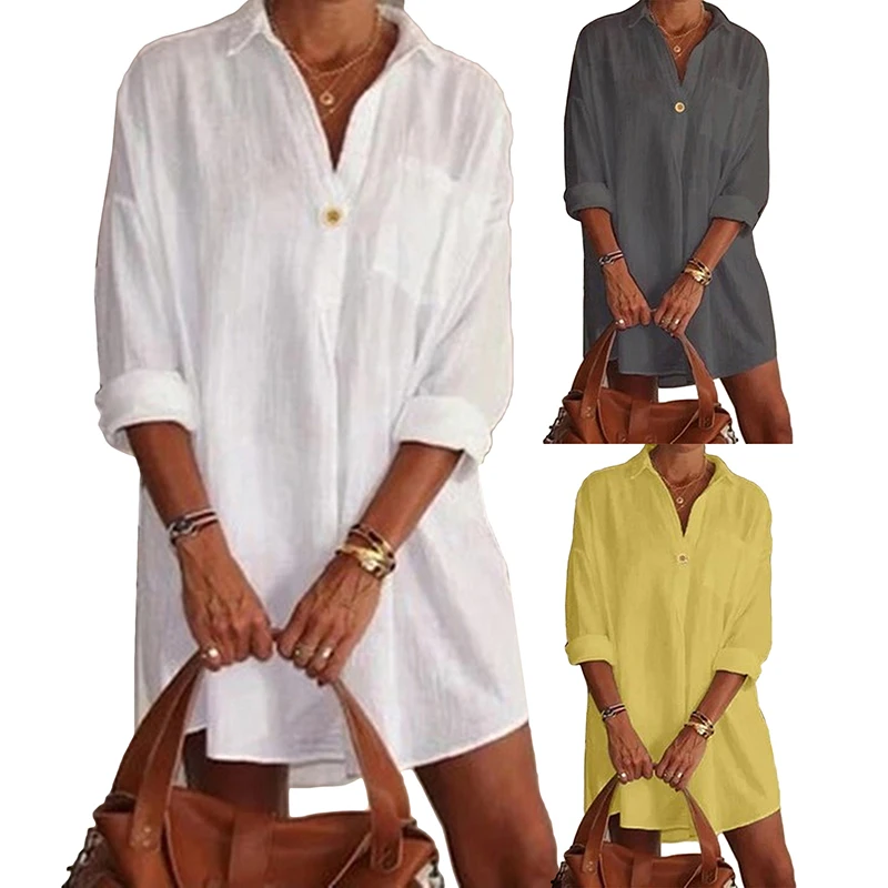 

Женское однотонное платье-рубашка с V-образным вырезом и длинным рукавом