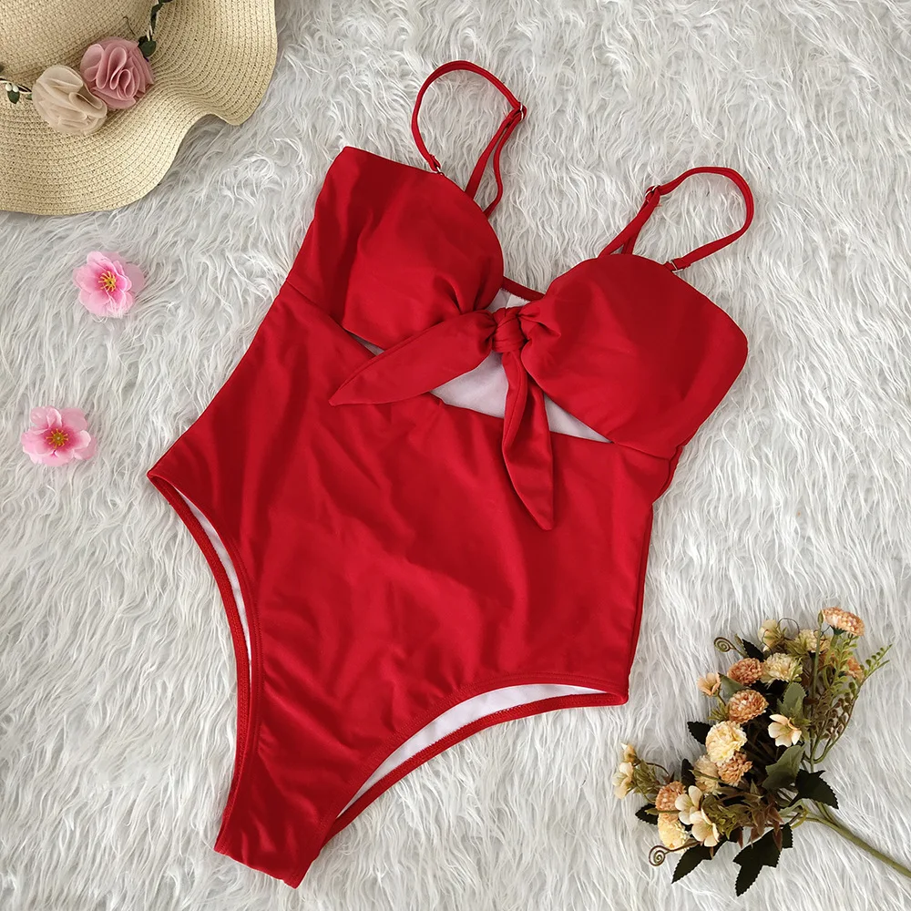 

One Piece Swimsuit 2021 Bandeau Swimwear Women Bow Bathing Suit Push Up Monokini Sexy Bodysuit Plus Size Solid Beach Wear