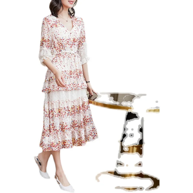 

COIGARSAM 4XL Plus Size Fashion Three Quarter Sleeve Women dress New French Style Floral Print V-Neck Dresses 330