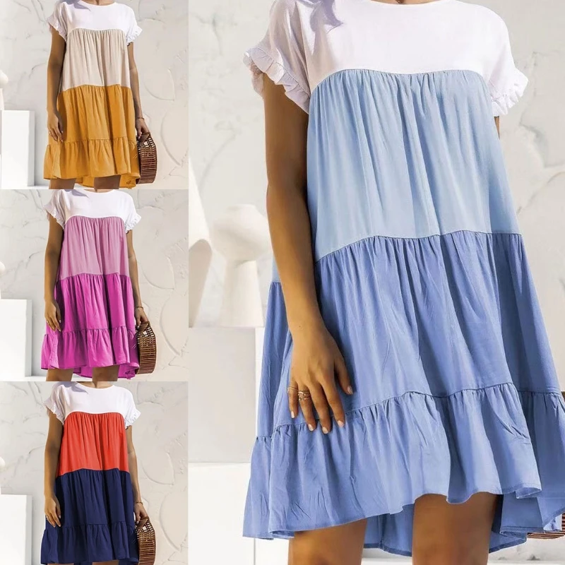 

Women Summer Ruffles Short Sleeve Color Block Swing Midi Tunic Dress Pleated Flared Hem Crew Neck Casual Loose Sundress