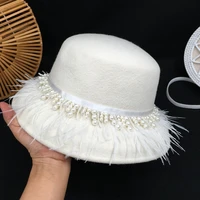 french white wool bucket for women female basin cap ladies feather tassel fisherman hat fedoras