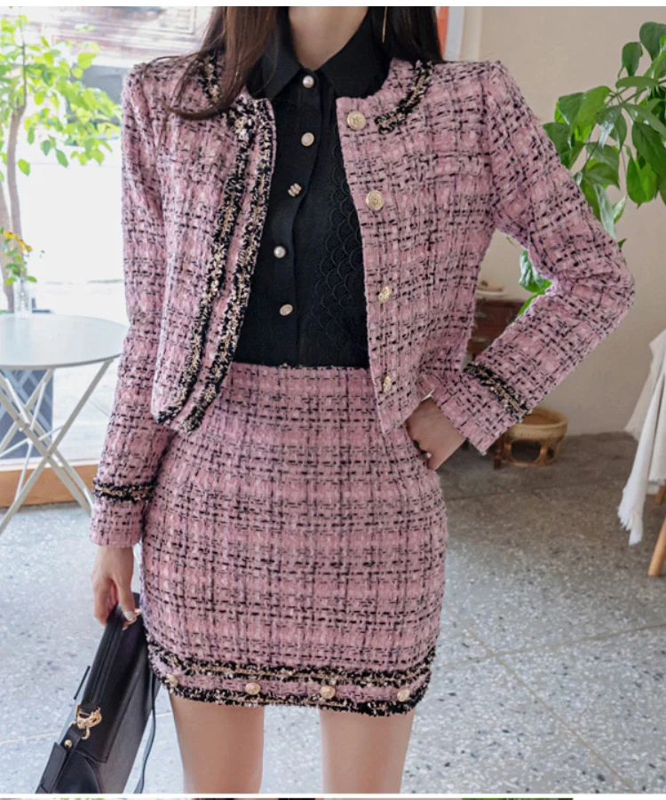 Женский твидовый комплект из двух предметов Розовый однобортный пиджак в клетку