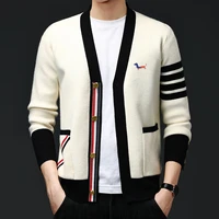 2021 tb streer fashion brand dog embroidery sweaters men slim fit v neck striped cardigans clothing striped coat england style