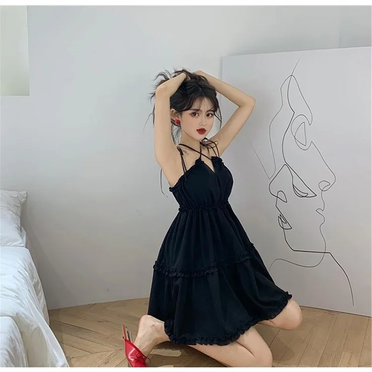 Женское мини-платье с открытыми плечами готическое Плиссированное черное платье