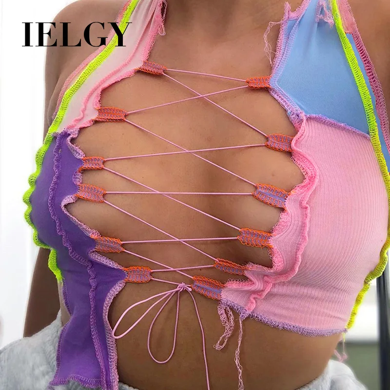 

IELGY New women's contrast color straps sexy hollow short slim ladies vest