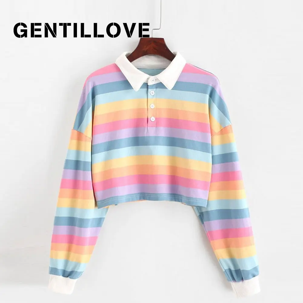 

Женские толстовки радужного цвета с длинным рукавом и пуговицами, Свитшот в полоску в Корейском стиле Харадзюку, рубашка-поло, Женская толс...