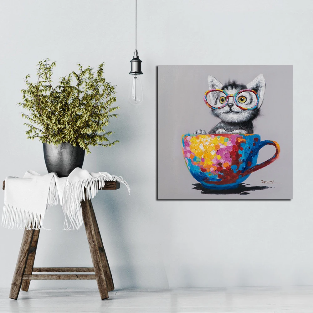 

JQHYART Abstract Square Cat Oil Painting Canvas Print Picture Pop art Modern Mural Art Home Living Room Modern Poster and Print