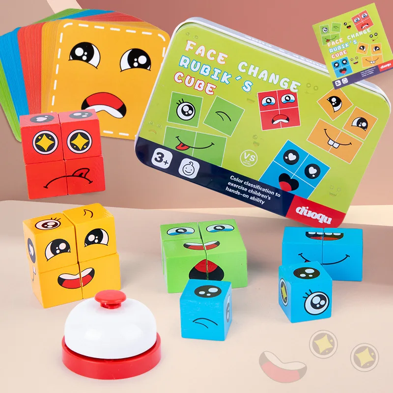 Cubo m&aacute;gico que cambia la cara de madera, bloques de construcci&oacute;n, caja de hierro, rompecabezas para ni&ntilde;os, juguetes interactivos de Educaci&oacute;n Temprana, regalos-0