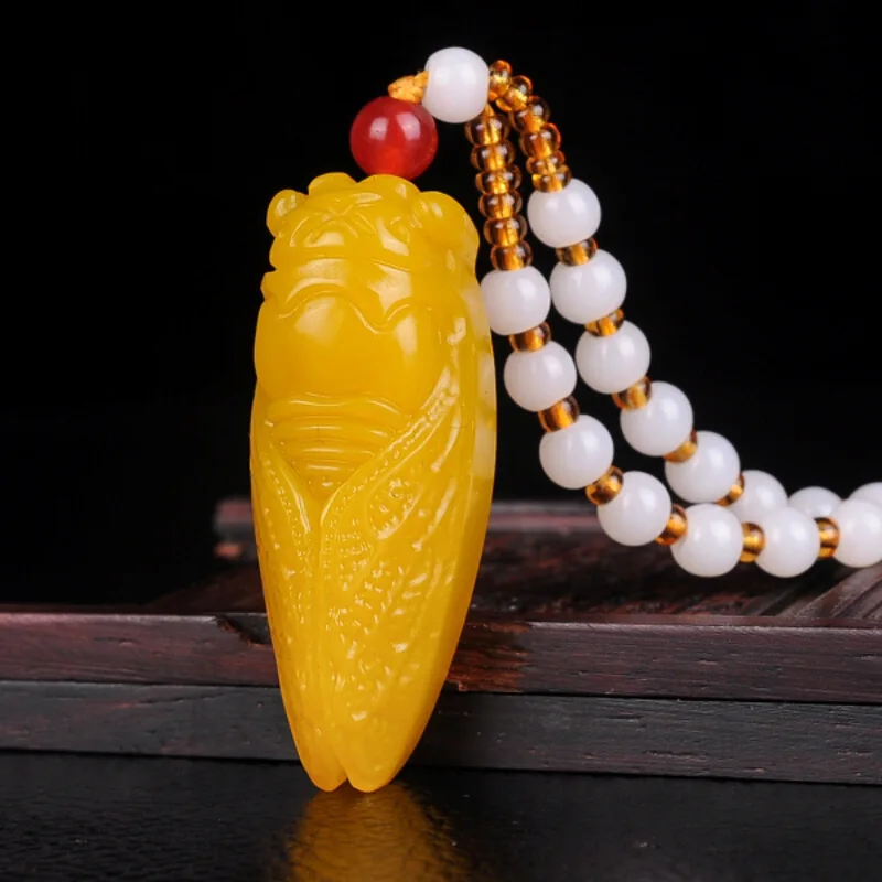 Натуральный желтый Нефритовый камень Цикада ожерелье из бисера Китайский жадеит
