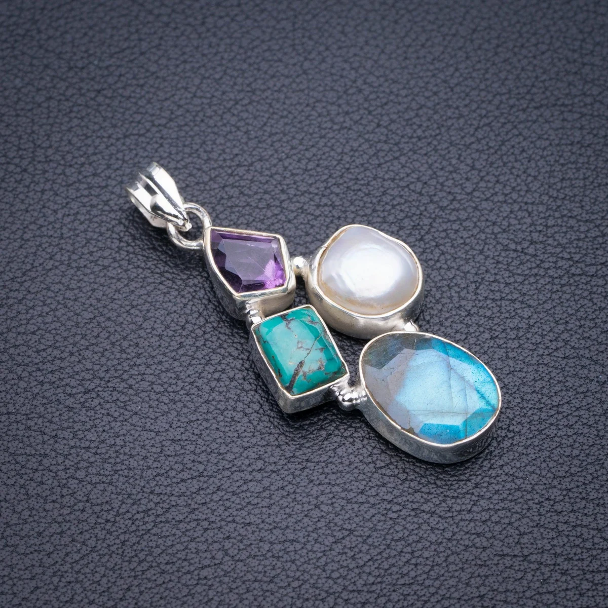 

StarGems Natural Blue Fire Labradorite,Amethyst,Biwa Pearl And Tibetan Turquoise Handmade 925 Sterling Silver Pendant 2" D5618