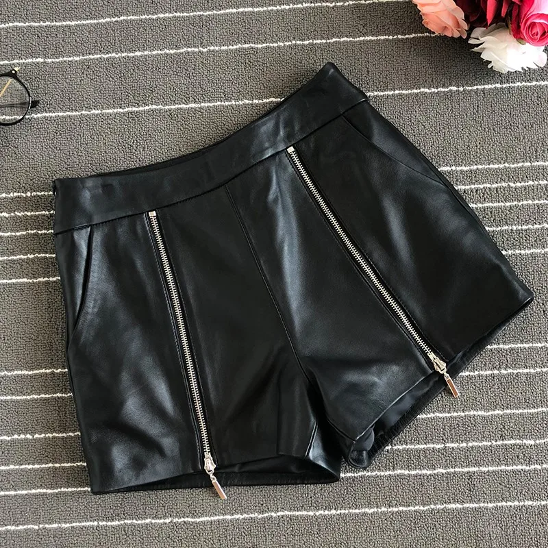 2021 Autumn Winter New Straight Genuine Leather Shorts Women Casual All Match Slim Fit Wide Leg High Waist Sheepskin Mini Shorts