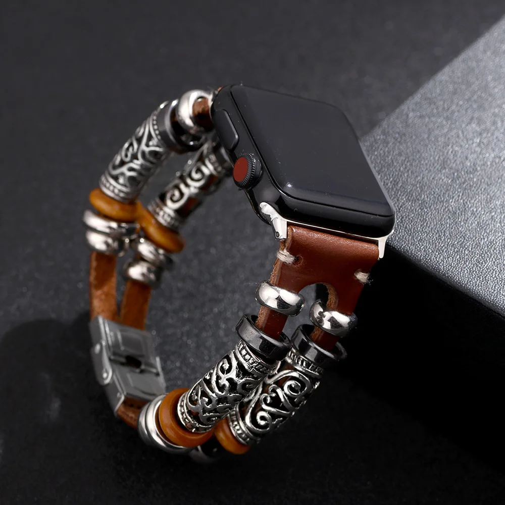 

Vintage PU Leather Embossed Ornament Wristband For Apple Watch Series 4/3 Replacement Bracelet Strap For Women Men Accessories