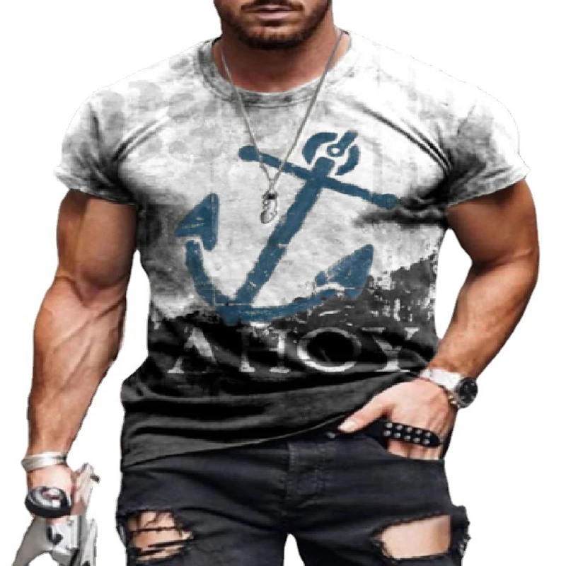 

2021 Summer New Men T-shirt Anchor Print O-Neck Fashion Oversized Vintage Short Sleeve T Shirt Street Style Male Tshirt Top