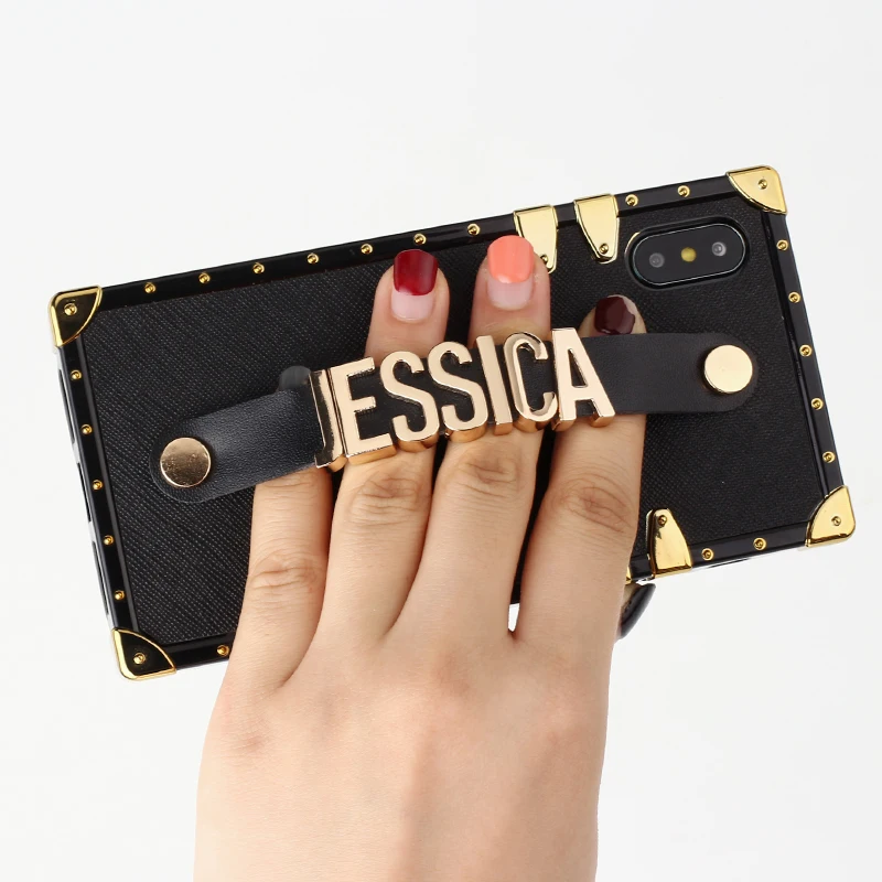 

Leather Trunk Case Holding Strap Gold Metal Custom Name Text Clear Phone Case For iPhone 12 11 Pro 6S XS Max XR 7Plus 8 8Plus X