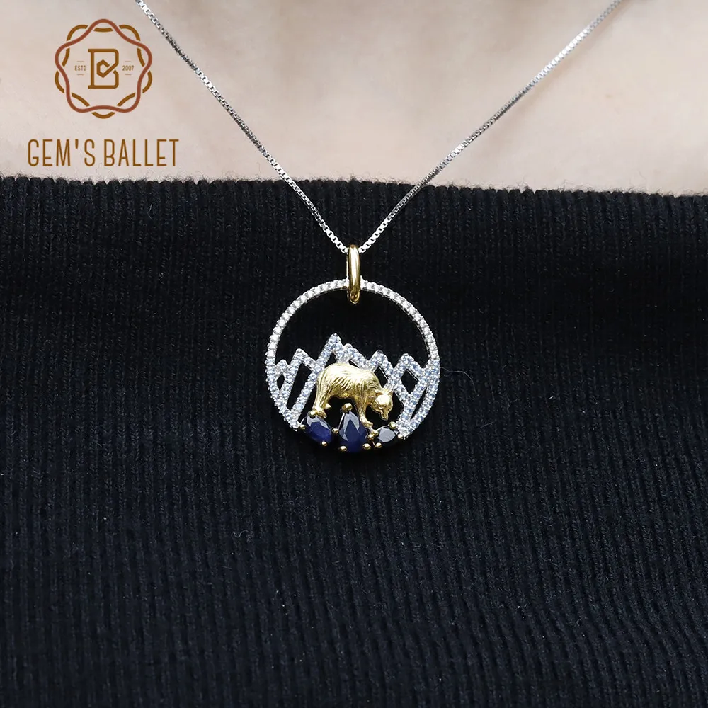 GEM'S балет 1.02Ct 925 пробы Серебряный Натуральный сапфировый ручной работы Снежная гора Полярный медальон в виде медведя Ожерелье для женщин ювелирные изделия